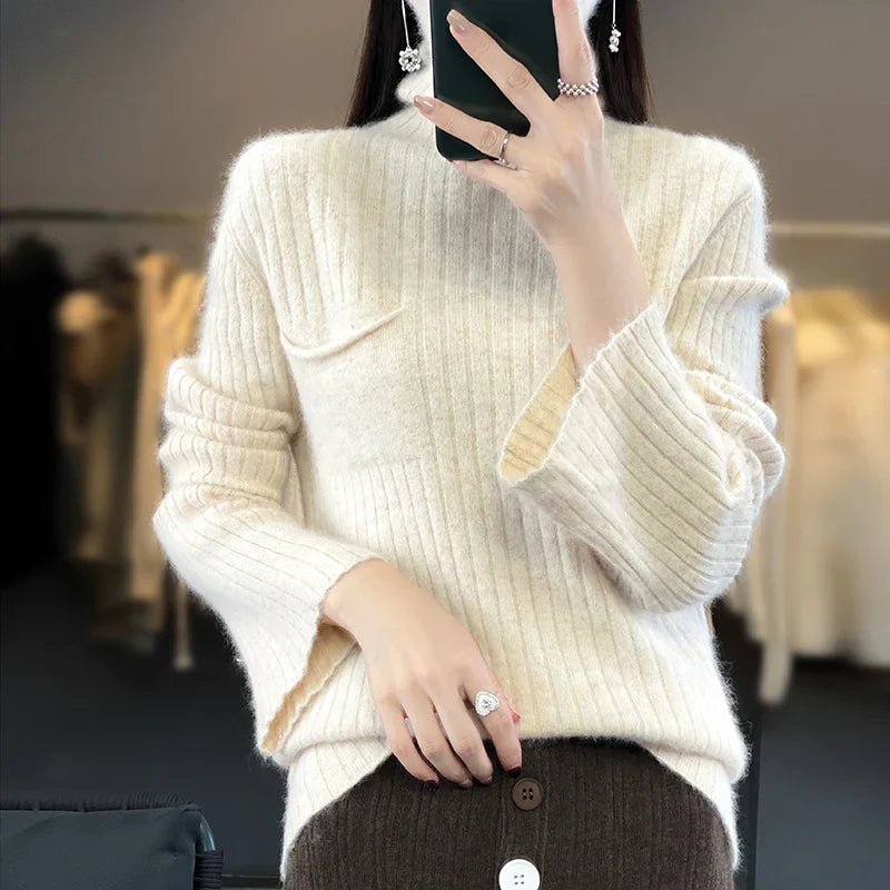 maoxiangshop Pure Mink Cashmere Sweater Women,High Pile Neck Knit Jumper,Wide Strip Large Size Long Sleeves,Autumn,Hot Sale