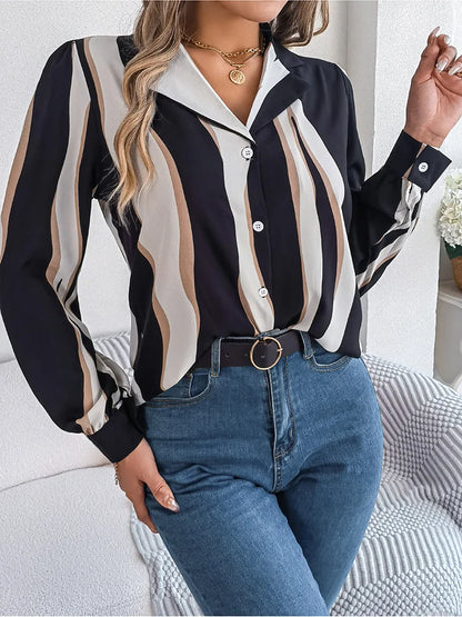 maoxiangshop Elegant Striped Women's Shirt Autumn Puff Long Sleeve Tops Youth Black Shirts & Blouses Casual Button Blouse New Collection