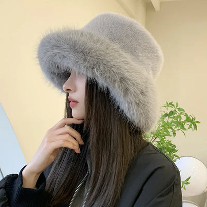 maoxiangshop Winter Hat for Women Faux Fur Fluffy Bucket Hat for Women Luxury Plush Hat Thicken Snow Oversized Fur Bucket Hat Soft Panama Cap