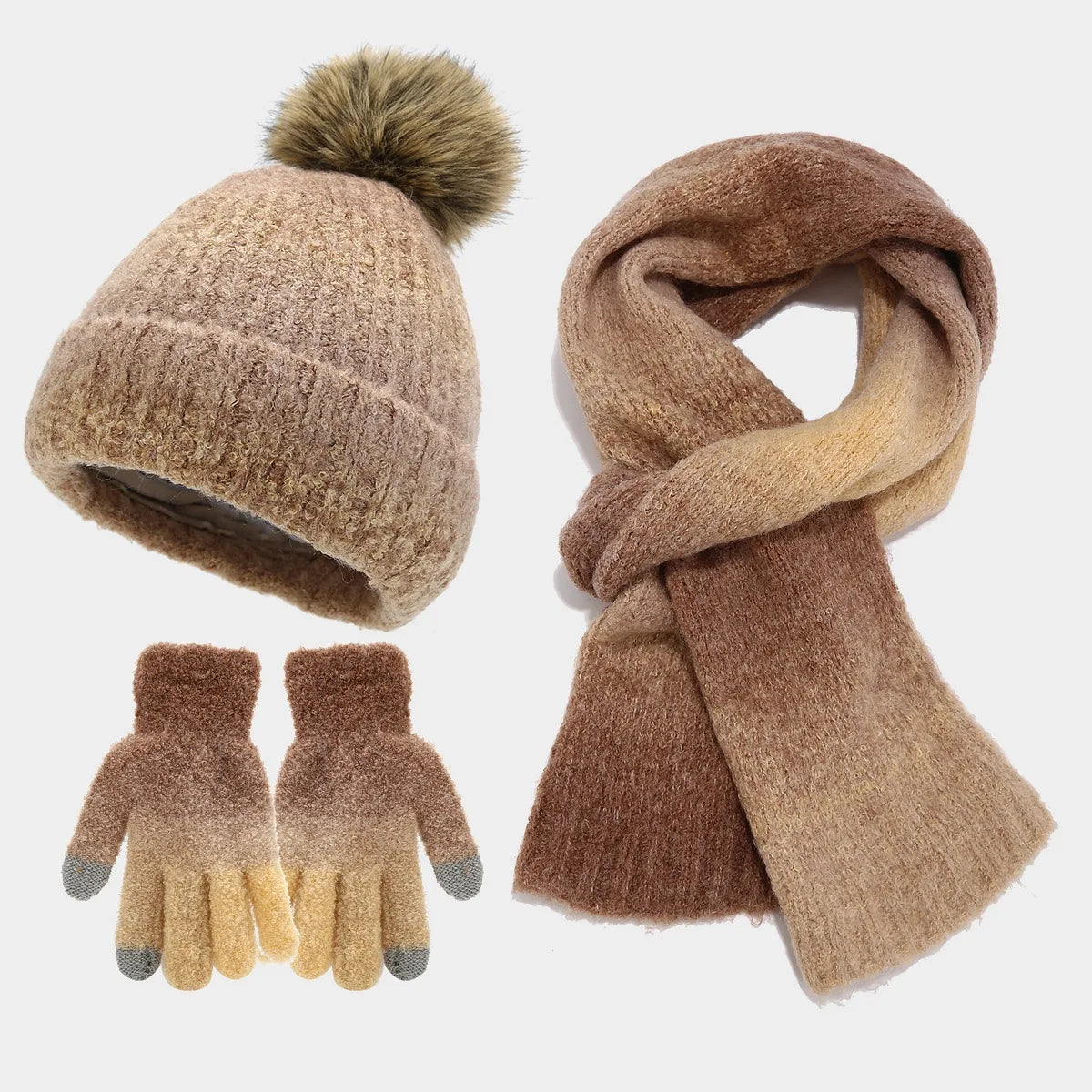maoxiangshop  -  Winter Pompom Hat Scarf Glove Sets Tie-Dyed Knitted Beanies Plush Lining Thicken Bonnet Touch Screen Gloves Windproof Skiing Cap