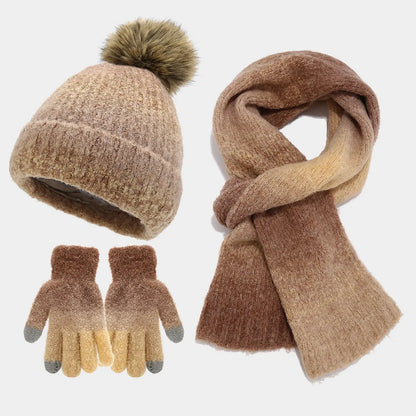 maoxiangshop  -  Winter Pompom Hat Scarf Glove Sets Tie-Dyed Knitted Beanies Plush Lining Thicken Bonnet Touch Screen Gloves Windproof Skiing Cap