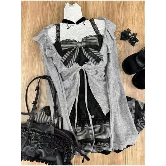 maoxiangshop  -  Sweet Lolita Lace Up Ruffles Cardigan+ Sexy Slim Fit Strapless Vest Tops+ High Waist Ruched Skirts Early Autumn Three Piece Sets