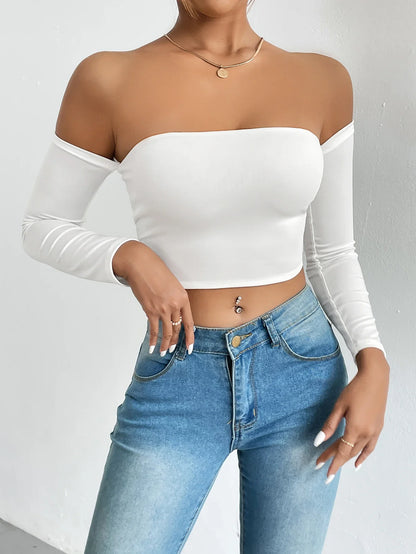 maoxiangshop Off Shoulder Crop T-Shirt, Casual Long Sleeve Top For Spring & Fall, Women's Clothing