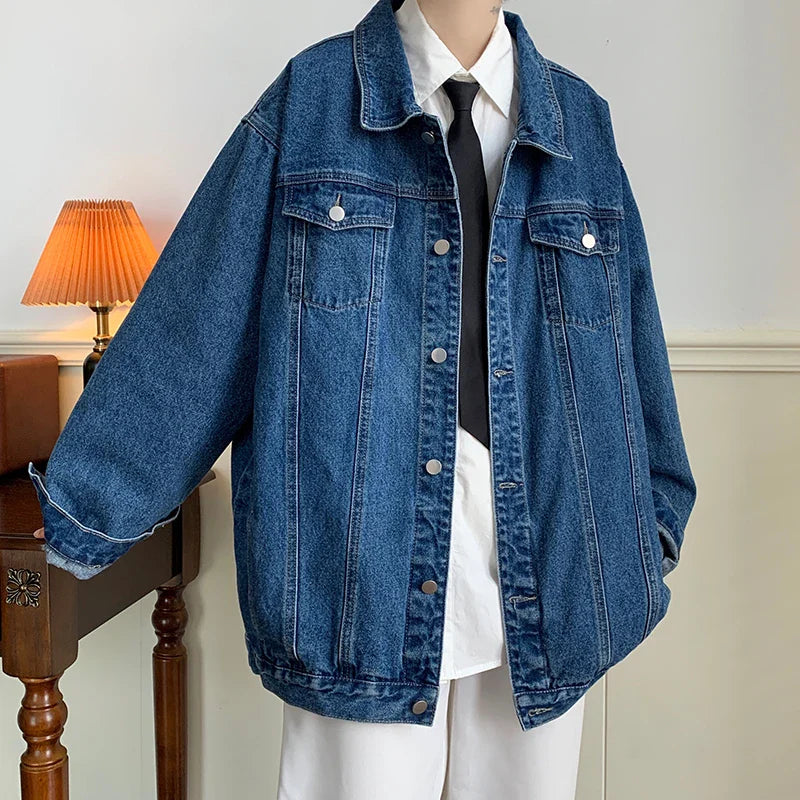 maoxiangshop Plus Size 5XL-M Black Denim Jacket Mens Turn Down Collar Jeans Coats Multi-pockets Overalls Streetwear Loose Casual Men Clothing