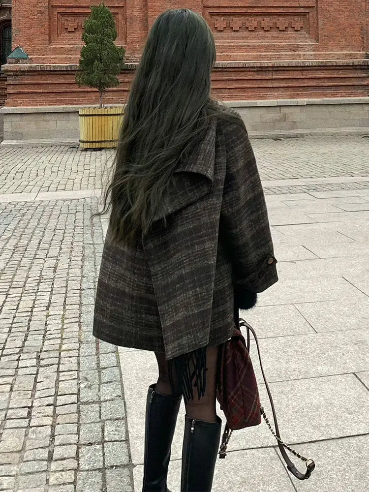 maoxiangshop  -  Autumn/Winter New Retro Plaid Cloak Shawl Woolen Coat Women Winter Clothes Korean Style Chic Loose Wool Outerwear Women Top