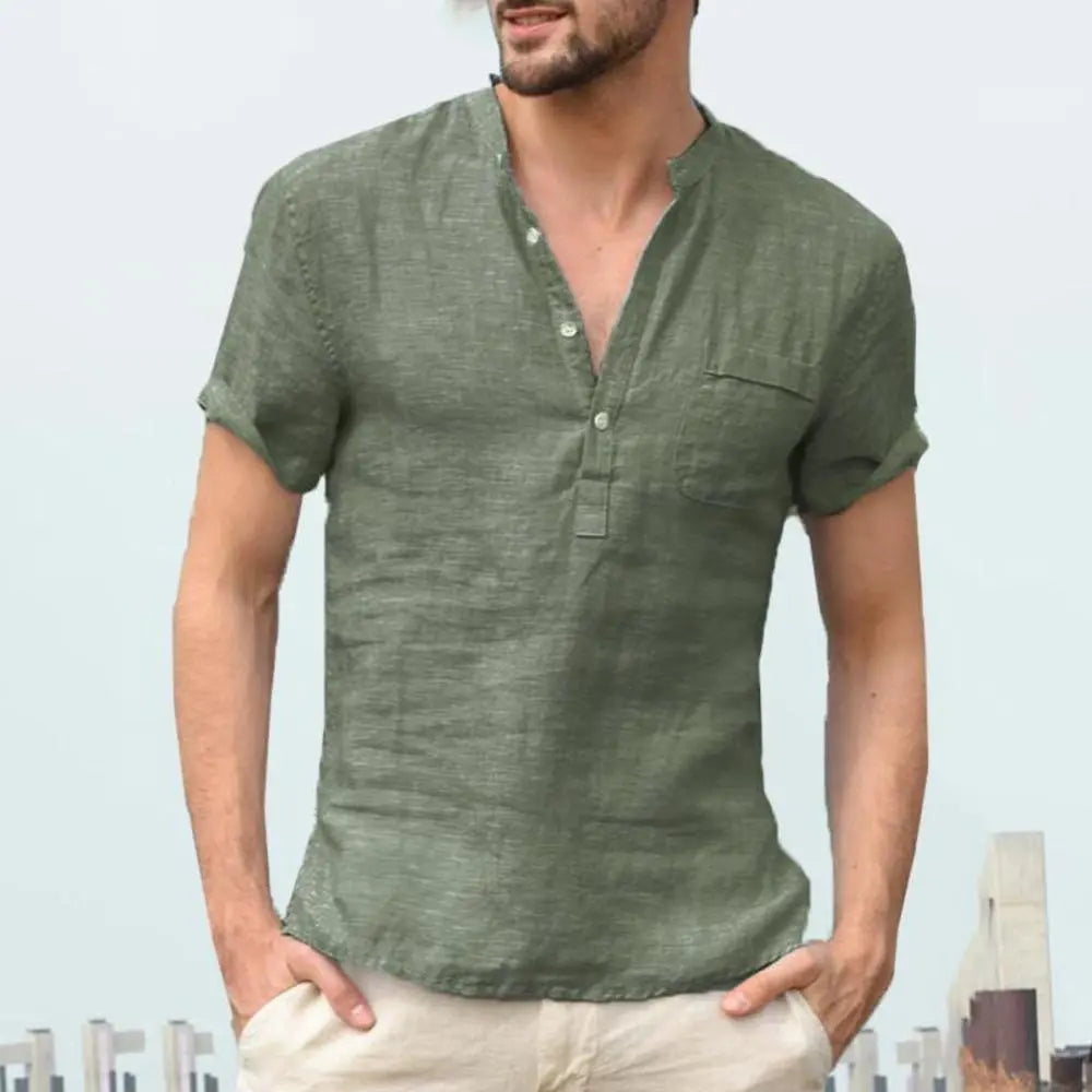 maoxiangshop Men Casual Cotton Linen ShirtsStanding Collar Male Solid Color Long Sleeves Loose Tops Spring Autumn Handsome Men's Shirts