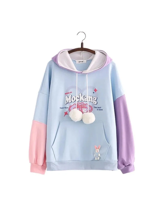 maoxiangshop Sweet Style Letter Print Patchwork Harakuju Women Hoodies Drawstring Hooded Sweatshirt Winter Female Cotton Kawaii Pullover