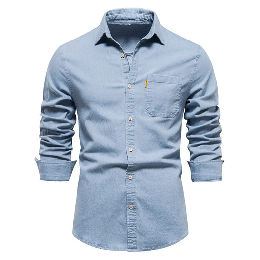maoxiangshop Autumn New Cotton Men's Denim Shirt Solid Color Single Pocket Casual Long Sleeve Shirt Autumn Jeans Shirt for Men