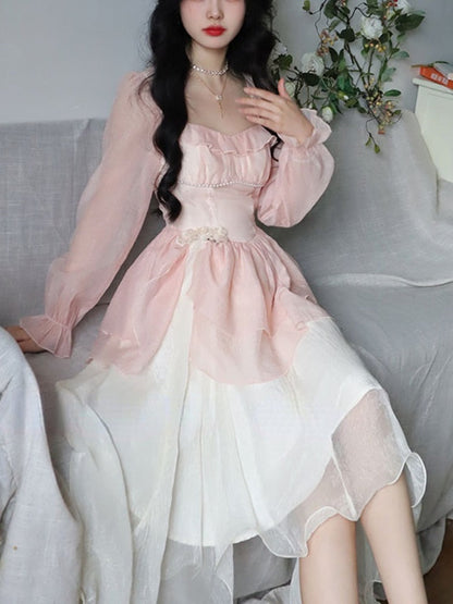 maoxiangshop French Vintage Sweet Fairy Dress Women Bow Elegant Evening Party Midi Dresses Female Long Sleeve Korean Style Dress Summer