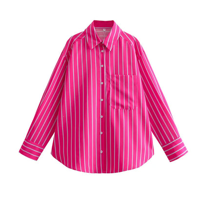 maoxiangshop  -  2024 New Pocket Striped Pink Blouse Women Turndown Collar Long Sleeve Blouses Autumn Casual Fashion Single Breasted Shirts Femme