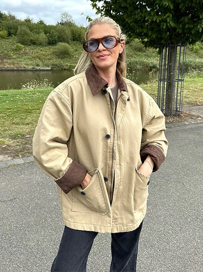 maoxiangshop  -  Contrast Lapel Women's Jackets Casual Long Sleeve Zipper Pocket Female Coats 2024 Autumn Winter Fashion Lady Streetwear Outwears