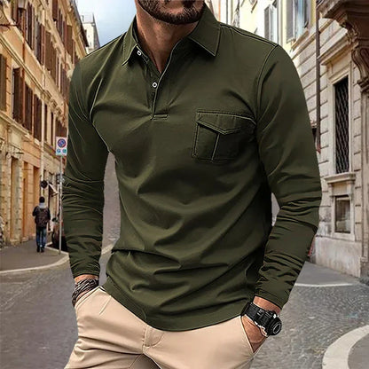 maoxiangshop 2024 Autumn Men's Polo Shirt Lapel Pocket T-shirt Men's Breathable Business Casual Long sleeved