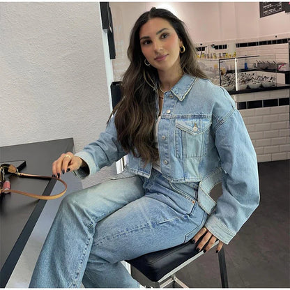maoxiangshop  -  Denim Jacket Women Fashion Lapel Single Breasted Blue Bomber Jackets Female Spring Autumn Streetwear Loose Short Coat Tops