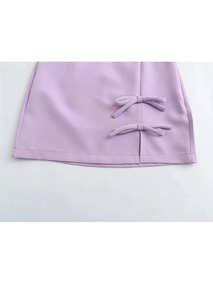 maoxiangshop  -  Cute Bow Knotted Spring Purple Mini Skirts 2024 Summer High Waist Casual Side Zipper Fly Straight Short Skirt