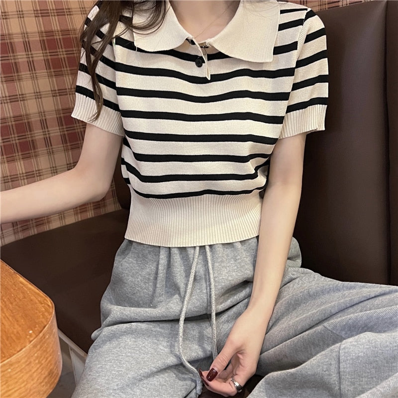 maoxiangshop Summer Vintage Striped Polo Collar T Shirts Women's Knitted Short Sleeve Thin Cropped Tshirt Crop Top For Slim Girls