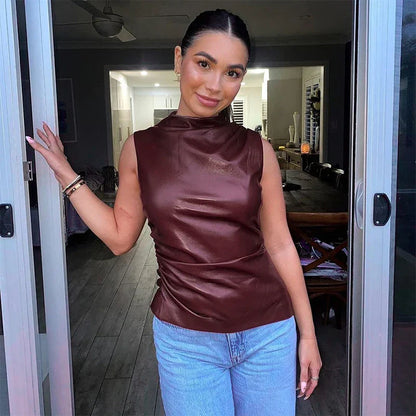 maoxiangshopPU Leather Tank Top High Fashion Asymmetrical Ruched Sleeveless Blouse Winter Sexy T Shirt For Women Y2K Clothes