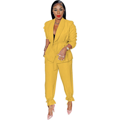 maoxiangshop Causal Solid Two Piece Set Women Fashion Two Piece Outfit Long Sleeve Open Coat Pencil Pants Suit Women Work Suits