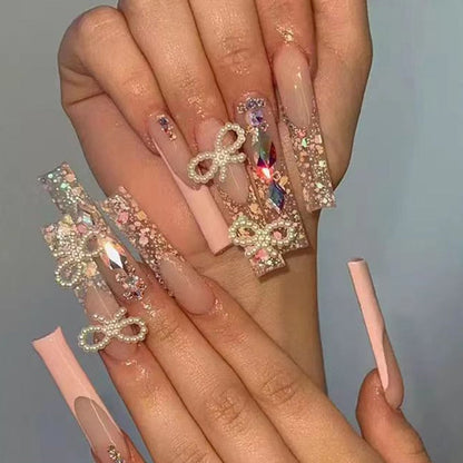 24Pcs French Long Ballet Nails Set Press on Long False Nails with Pink Rhinestone Wearable Coffin Fake Nails Full Cover Nail Tip