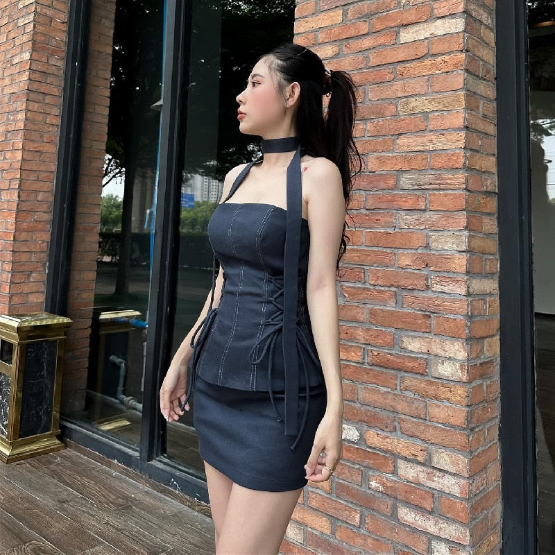 maoxiangshop Women Formal Occasions Two Piece Set Sexy Side Cross Bandage Solid Tube Tank Top With Skinny Slim Skirt Summer New