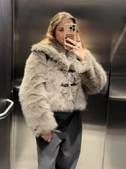 maoxiangshop  -  Vintage Faux Fur Button Coats Women Winter Loose Solid Plush Lapel Cost Female Autumn Warm Versatile High Street Outwear