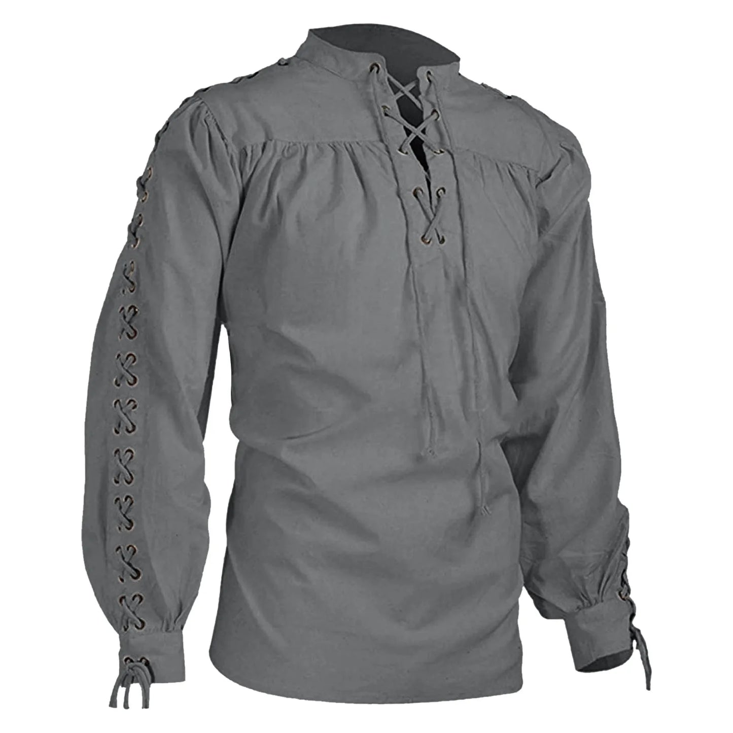 maoxiangshop Shirts Men Tunic Viking Pirate Costume Gothic Clothes Men Vintage Shirt Ruffle Neckline Drawstring Knight Cosplay Top
