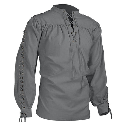 maoxiangshop Shirts Men Tunic Viking Pirate Costume Gothic Clothes Men Vintage Shirt Ruffle Neckline Drawstring Knight Cosplay Top