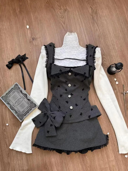 maoxiangshop  -  Sweet Cute White Ruffled Tops+Lace Edge Grey Vest+slimming High Waisted Skirt 3 Piece Set for Women Winter Japanese Skirt Suit