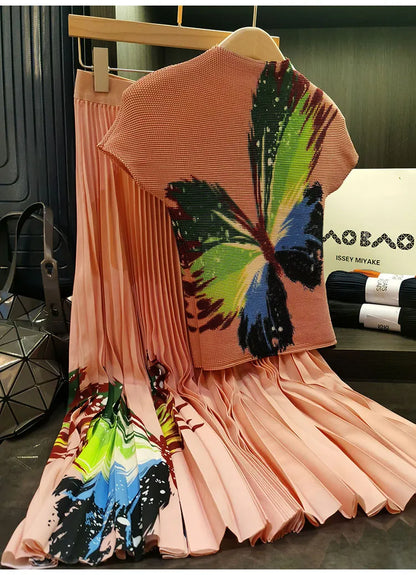 Vintage Elegant Floral Print Stretchy Pullovers Top + Pleated Midi Long Skirts Suit Women Casual Streetwear 2 Pcs Sets Outfits