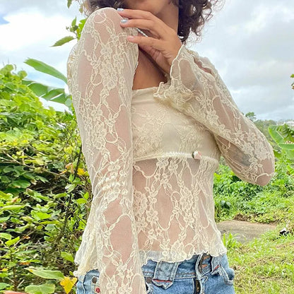 maoxiangshop Floral Lace Mesh Sheer 2 Piece Set Long Sleeve Shrug T-shirt Strapless Tube Top Fairy Coquette Y2K Vintage Crop Tops Women