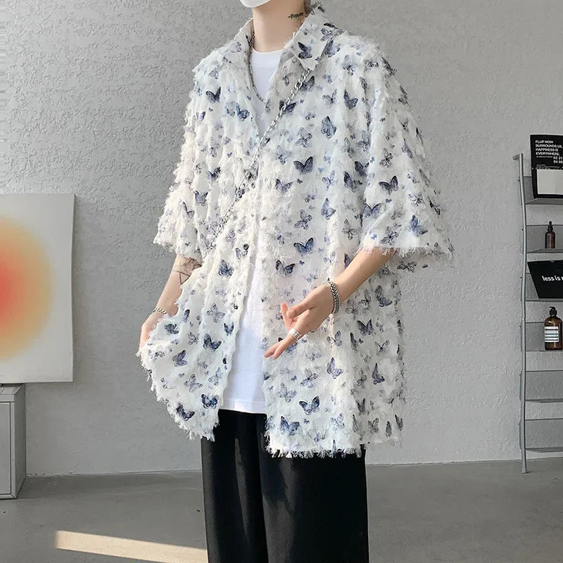 maoxiangshop Summer Butterfly Tassel Splice Shirt Men Loose Casual Short Sleeve Shirts Women Oversize Streetwear Boy Girl Blouses White