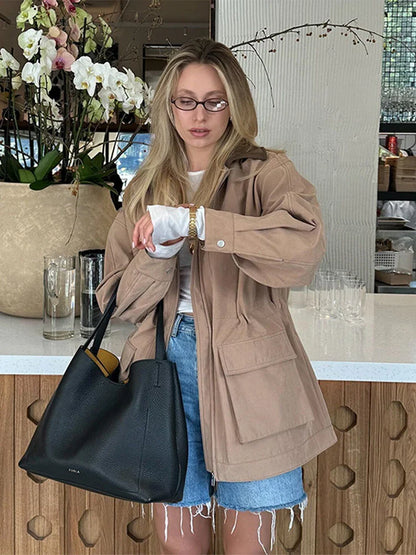 maoxiangshop  -  Casual Leather Lapel Jackets Women Vintage Khaki Zipper Pockets Jacket Coat Female Autumn Winter Chic High Street Outwear