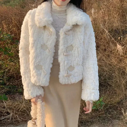 Korean Patchwork Lamb Wool Outerwear Women Autumn Winter Gentle Wind Horn Buckle Faux Fur Jacket Female Plush Loose Tops