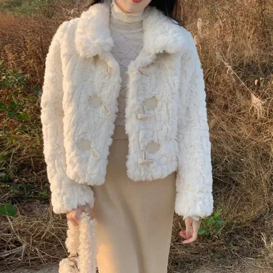 Korean Patchwork Lamb Wool Outerwear Women Autumn Winter Gentle Wind Horn Buckle Faux Fur Jacket Female Plush Loose Tops