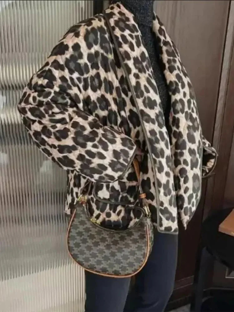 maoxiangshop  -  Women Casual Leopard Printed Cotton Jacket Fashion Lapel Long Sleeved With Pockets Cardigan 2024 Autumn Winter Lady Chic Coats
