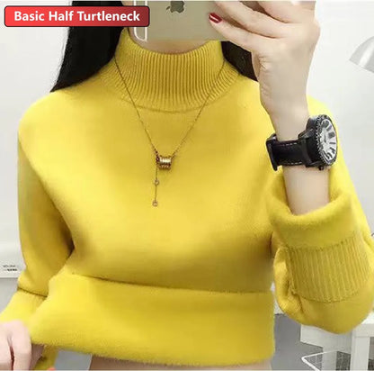 maoxiangshop Turtleneck Winter Sweater Women Elegant Thicken Velvet Lined Warm Sueter Knitted Pullover Slim Tops Jersey Knitwear Jumper New