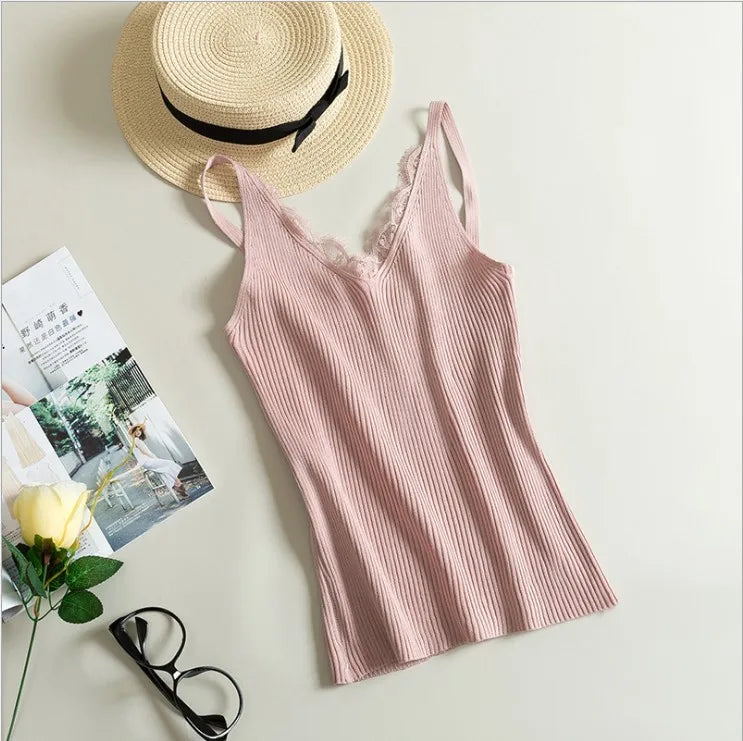 maoxiangshop Women Hook Flower Lace Tank solid Stitching V-neck Camis Female Knitted Short Slim Sleeveless Shirt Tank Casual Tops