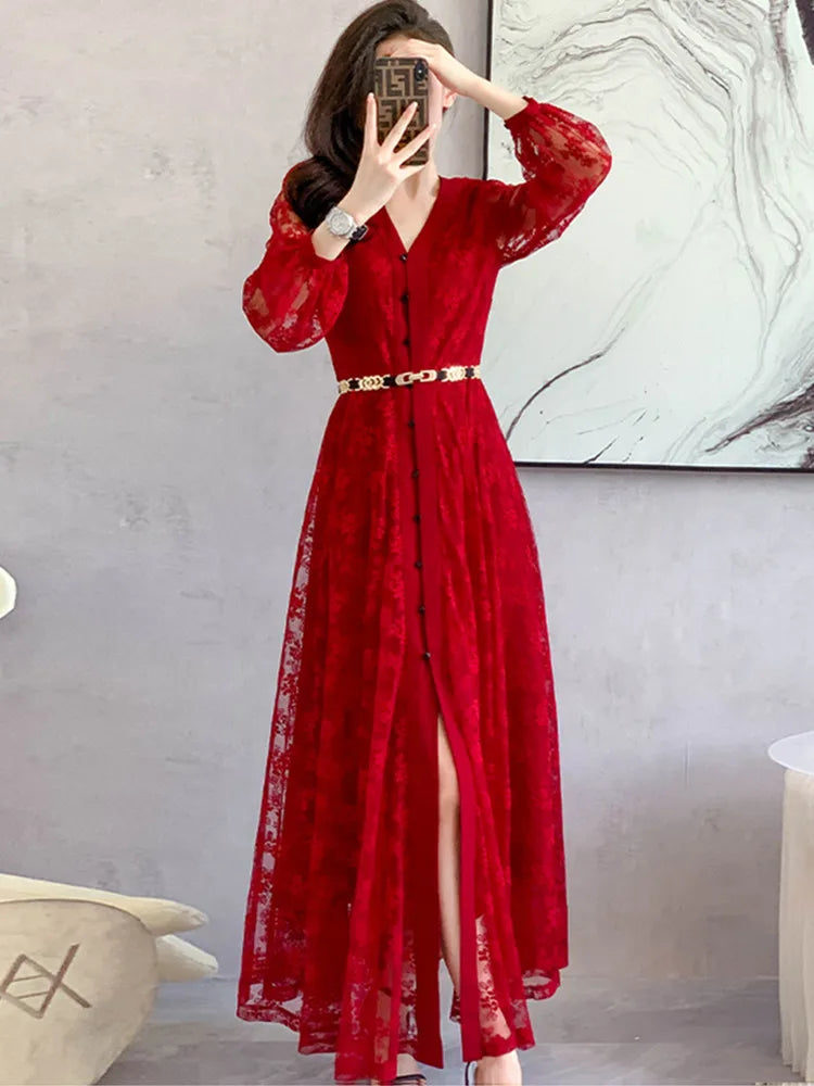 maoxiangshop Designer Fashion Autumn Dress Women Sexy V Neck Full Sleeve Red Lace Hollow Out Flower Elegant Long Dresses With Belt