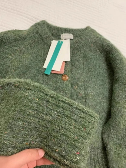 maoxiangshop  -  Retro Green Casual Knitted Jacket Women's Autumn And Winter New Round Neck Loose Single Breasted Short Top