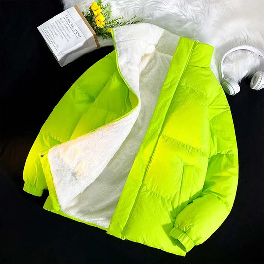 maoxiangshop WINTER OUTFITS Green Puffer Jacket Men Style Winter Lamb Wool Stand Up Collar Casual Jackets Men Thick Warm Coats Streetwear Solid Color Jacket