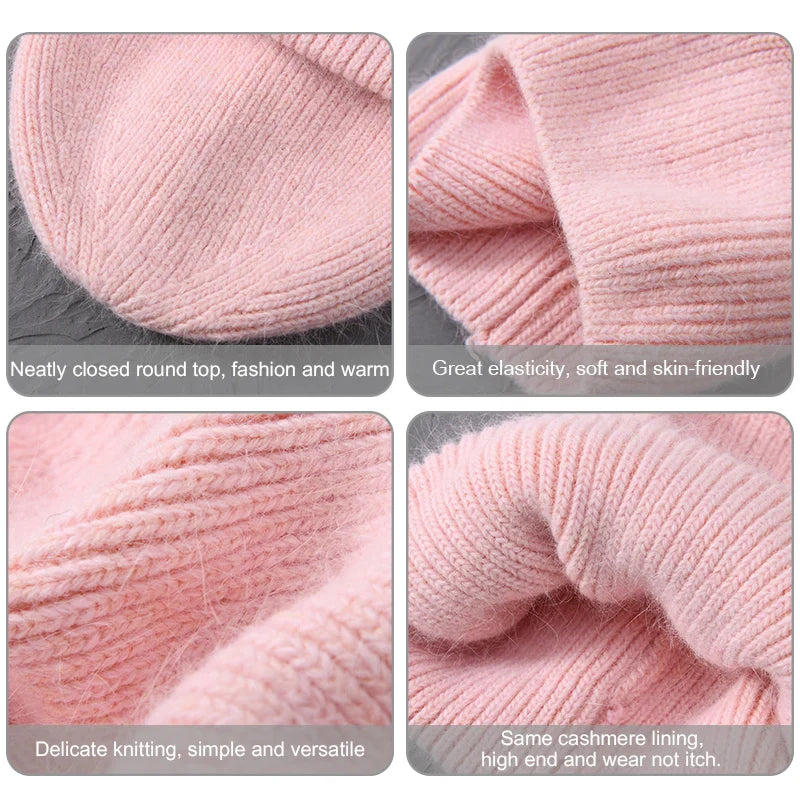 maoxiangshop Casual Women's Hat Real Rabbit Fur Beanie Ladies Autumn Winter Cashmere Hats Three Fold Thick Knitted Girls Skullies Beanies Cap