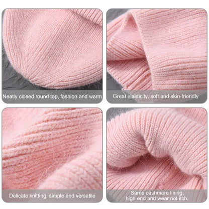 maoxiangshop Casual Women's Hat Real Rabbit Fur Beanie Ladies Autumn Winter Cashmere Hats Three Fold Thick Knitted Girls Skullies Beanies Cap