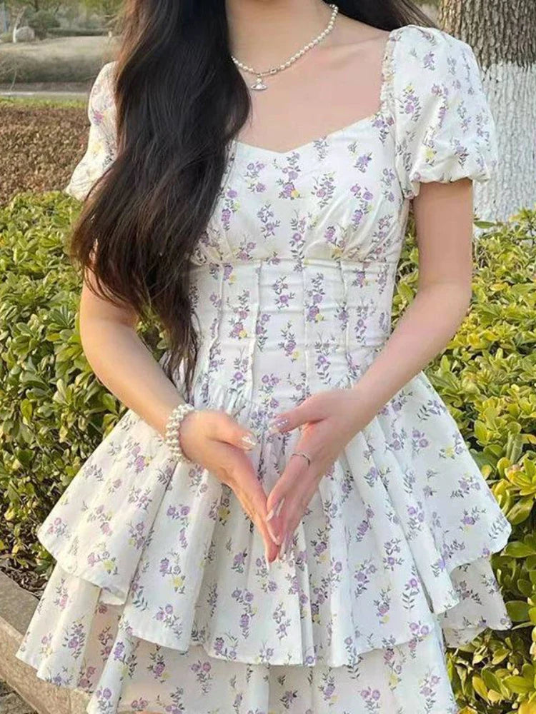 maoxiangshop High Waist Dress Women Summer Floral Sweet Square Collar Puff Sleeve Princess Girlish Tender Elegant Korean Style Preppy Chic