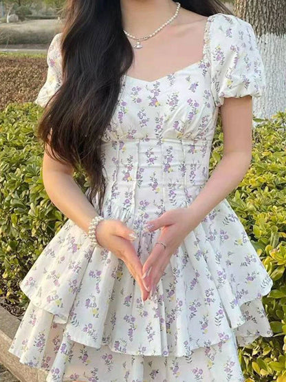 maoxiangshop High Waist Dress Women Summer Floral Sweet Square Collar Puff Sleeve Princess Girlish Tender Elegant Korean Style Preppy Chic