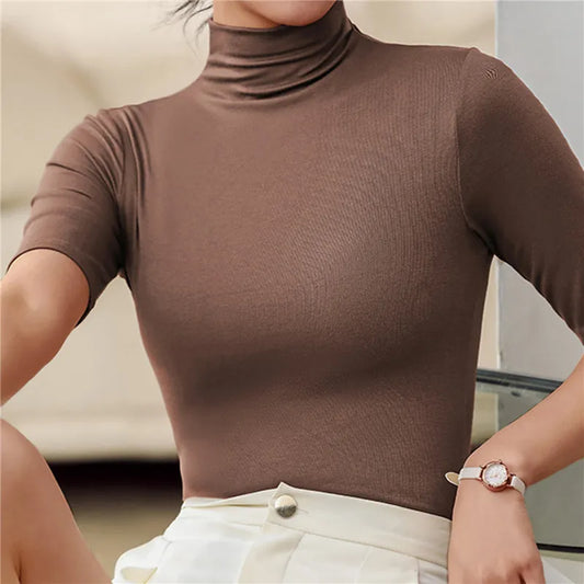 maoxiangshop1 Basic Cotton T Shirt Women Turtleneck Slim Tshirt Short Sleeve T-shirts Female Casual Elasticity White Tee Shirt Femme Woman Top