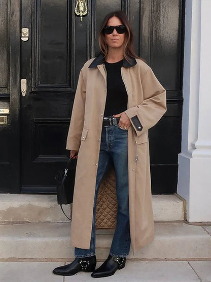 maoxiangshop  -  Elegant Patchwork Contrast Women Coat Loose Full Sleeve Zipper Button Pocket Maxi Coats Female 2024 Autumn Winter Lady Outwear