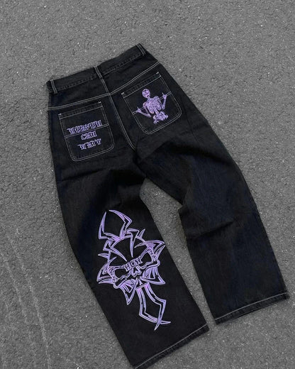 Jeans New Y2K Women Harajuku Retro Hip Hop Cartoon Embroidery Baggy Jeans Black Pants High Waisted Wide Trousers Streetwear
