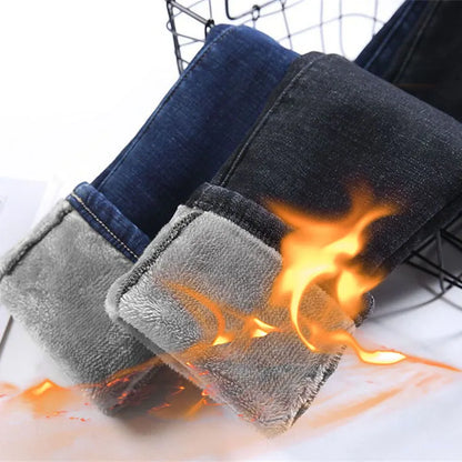 maoxiangshop Oversized Slim Velvet Lined Jeans Pencil Pants Winter Women Plush Stretch Vaqueros Trousers Mid Waist Thicken Warm Denim Spodnie