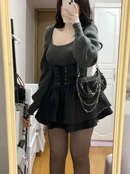 New High Waist Leather Black Mini Dress + Casual Knitted Sweater Elegant Clohting Woman Korean Fashion Suit Design Chic