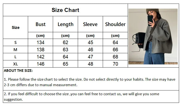 maoxiangshop  -  Woolen Coat Women Grey Autumn Winter Crop Overcoat Lady Elegant Fashion Long Sleeve Jacket Female Casual Loose V-Neck Coats