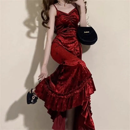 maoxiangshop Winter French Vintage Velvet Long Dress Women Elegant Slim Spaghetti Strap Folds Dress Sexy Casual Evening Party Y2k Dress